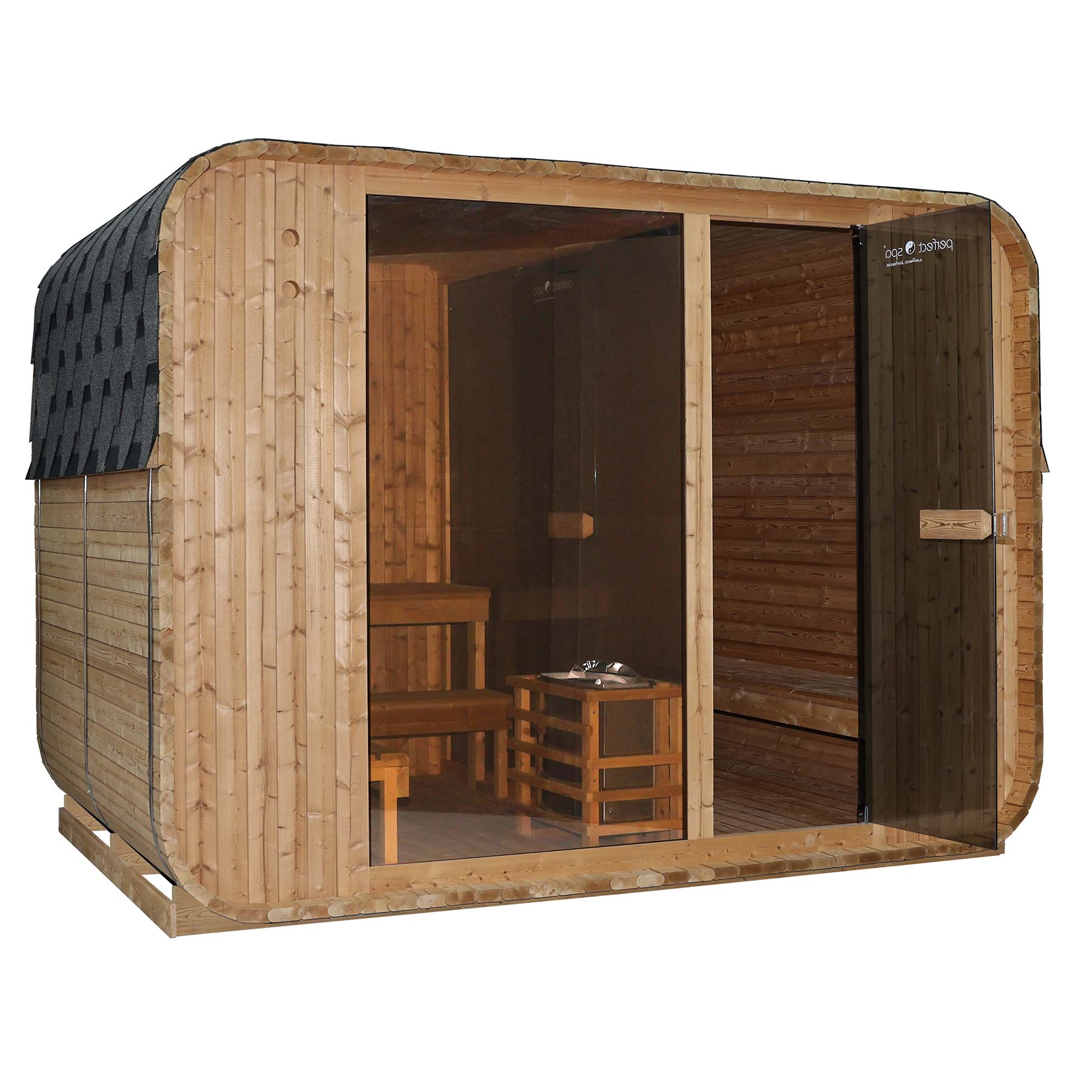 Outdoor Infrarot-Kombi-Sauna Borkum XL mit Vorraum und Harvia Saunaofen