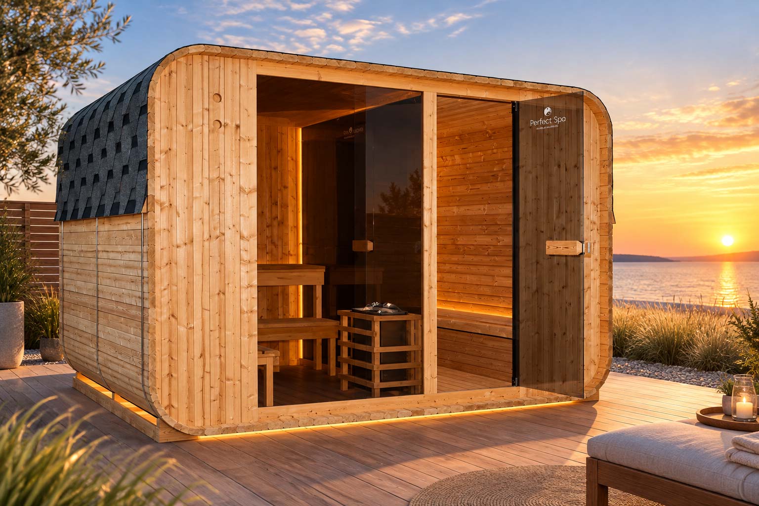Outdoor Infrarot-Kombi-Sauna Borkum XL mit Vorraum und Harvia Saunaofen