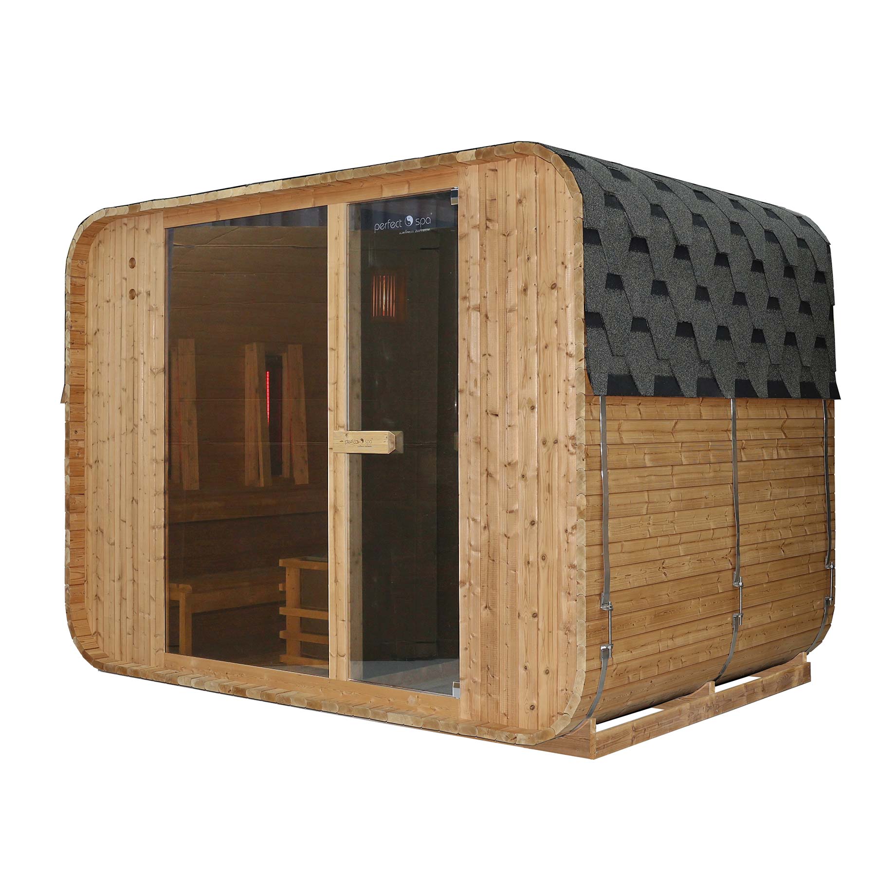 Outdoor Infrarot-Kombi-Sauna Borkum XL mit Vorraum und Harvia Saunaofen
